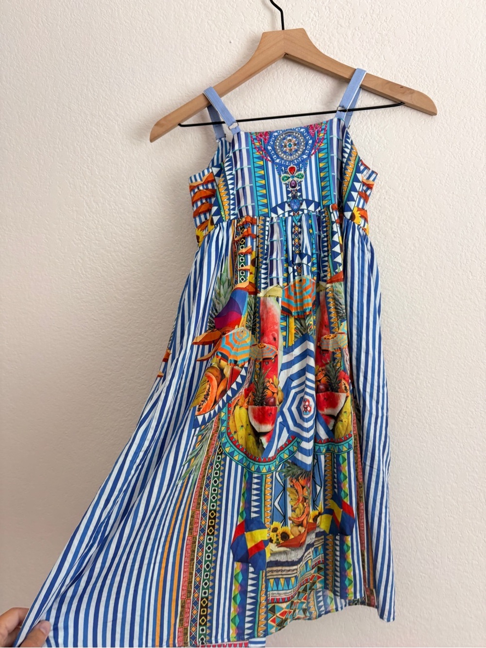 Camilla Blue Multicolor Striped Tropical Print Girls' Dress - Picture 7 of 11